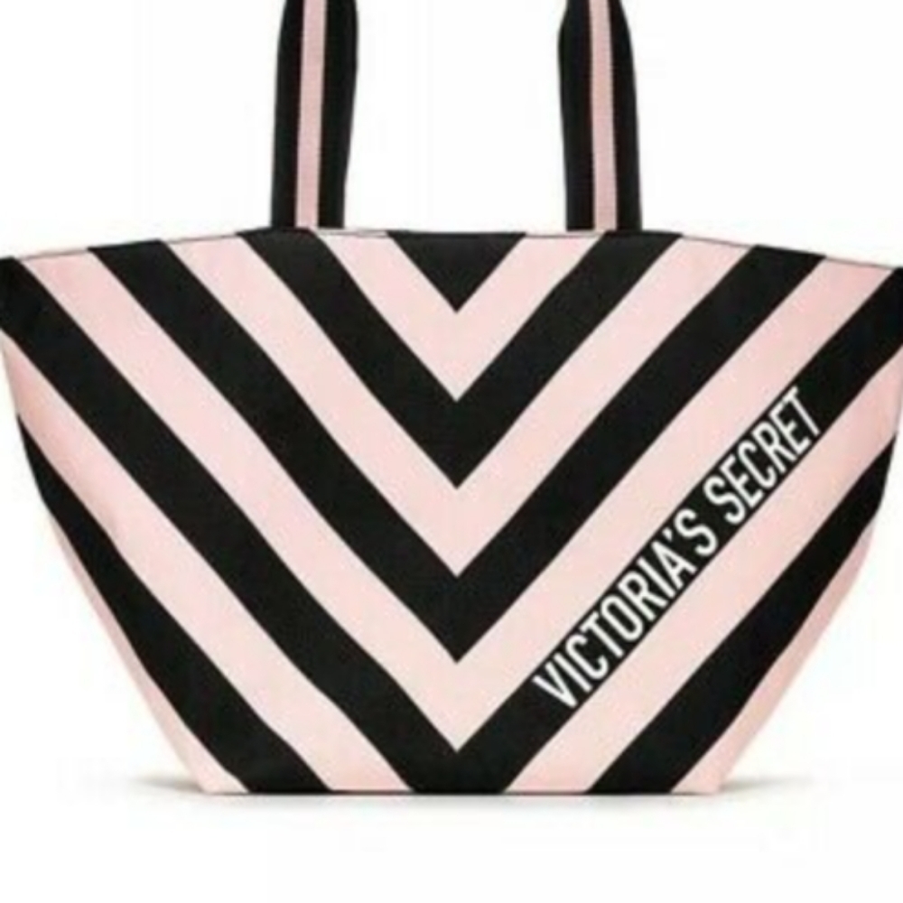 Victoria's Secret V Striped Limited Edition Pink/Black Weekender Tote Bag - Picture 1 of 11